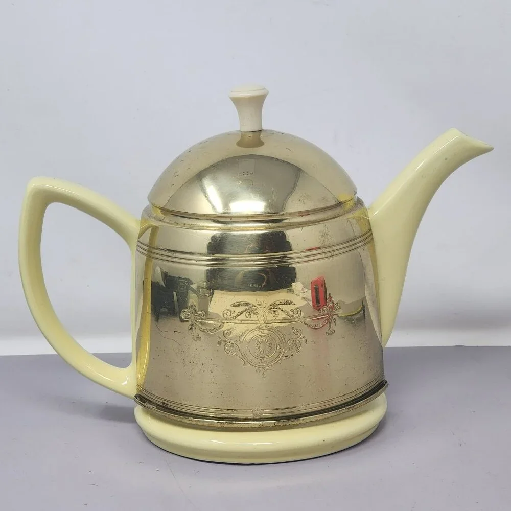 Vintage Hall China Metallic Gold & Cream Tea‎ Kettle W/ Ornate Embossed Design